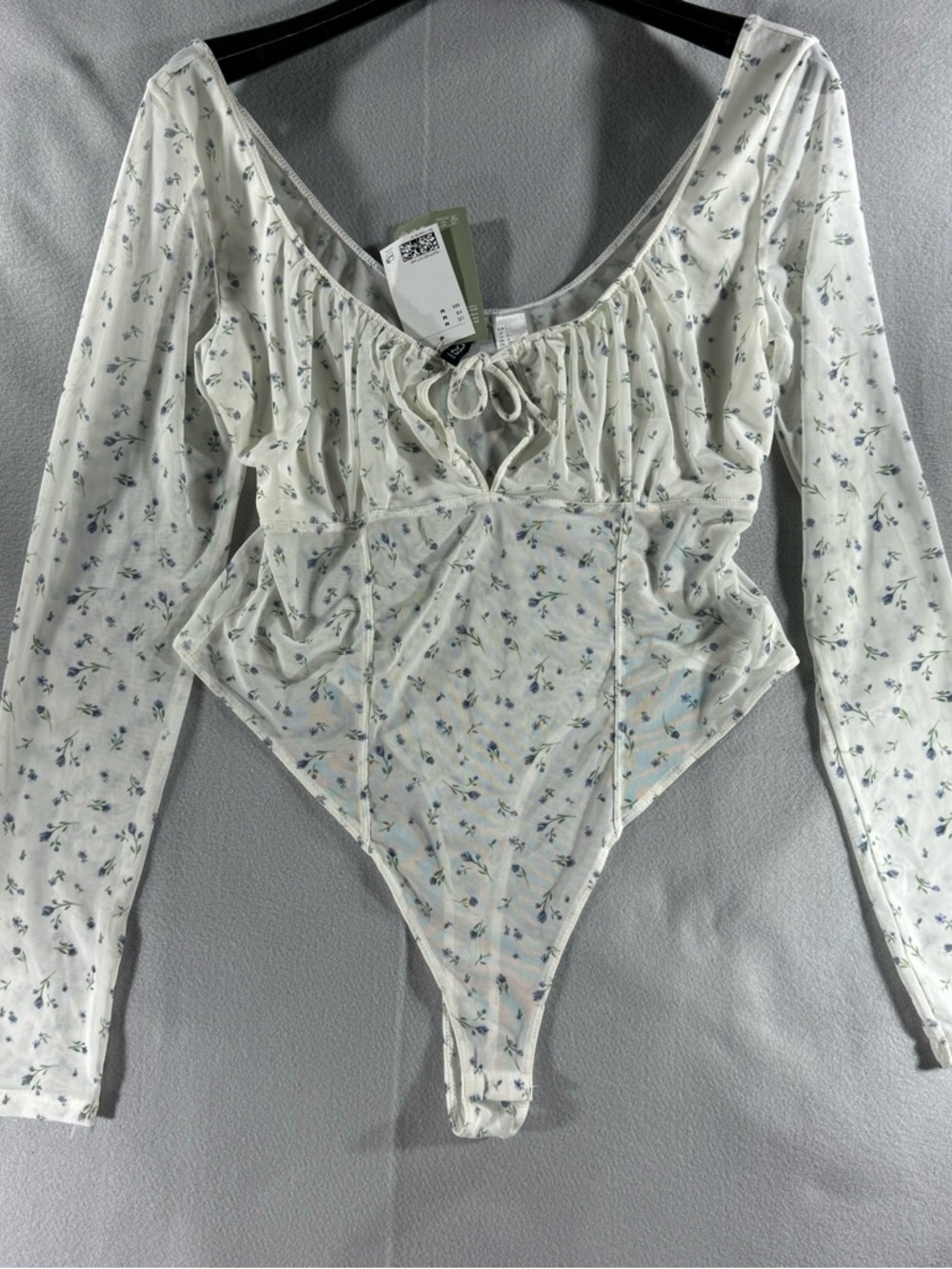 Sheer Floral print Tie-Front Long Sleeve Bodysuit thong sexy sweet festival